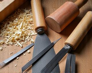 Hand tools on wood bench